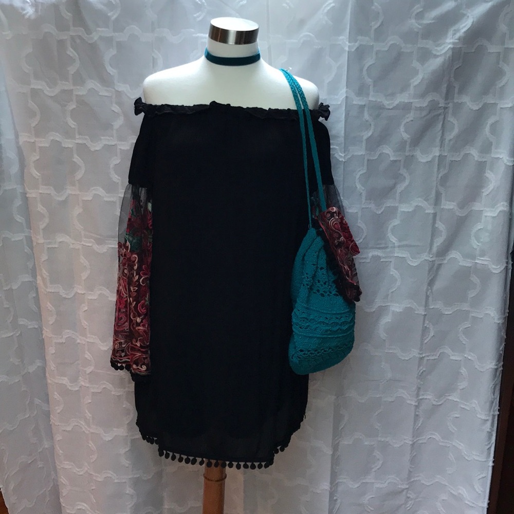 Off the Shoulder Embroidery Pom Pom Dress